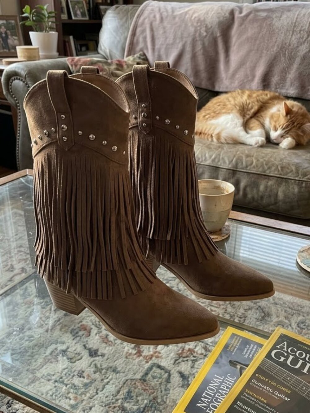 Brown Fringe Cowgirl Boots Studded Mid Calf Western Stacked Block Heel Tassel